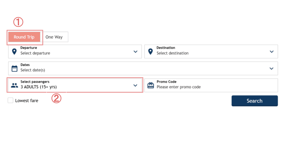 Selecting "Round Trip", and  enter the number of people that matches the requirements.