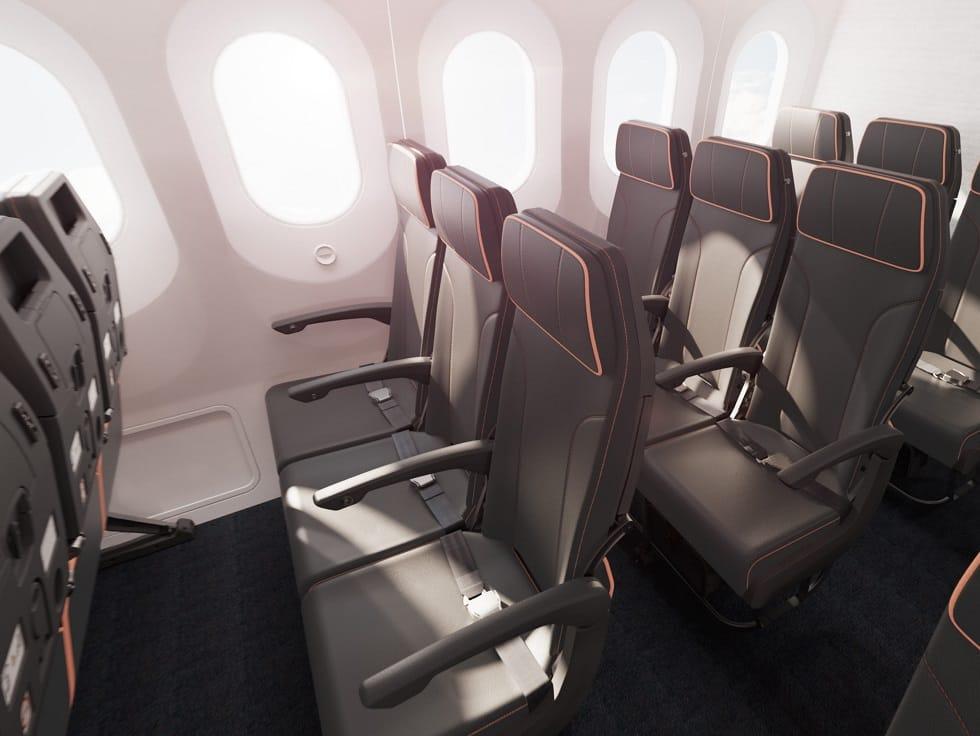 Photograph of AirJapan's seats which have a base color of indigo
