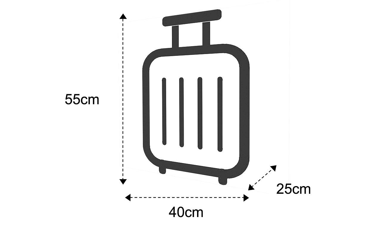 Image showing the size of baggage that may be brought on board the flight. Maximum 55 cm high Maximum 40 cm wide Maximum 25 cm deep